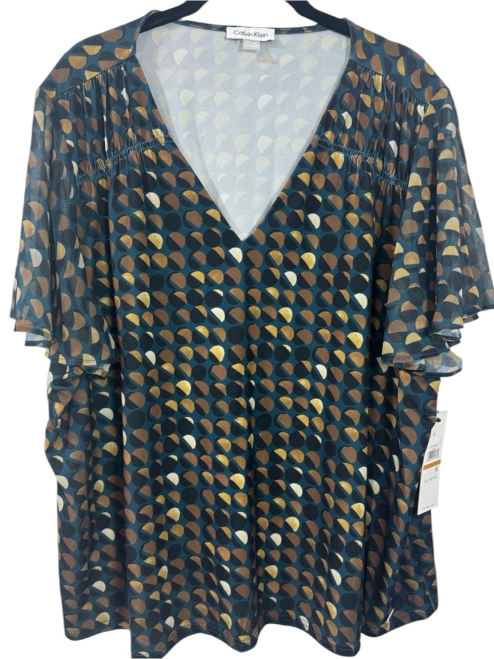 Calvin Klein Navy V-Neck Flutter Sleeve Blouse with Gold and Tan Dot Print